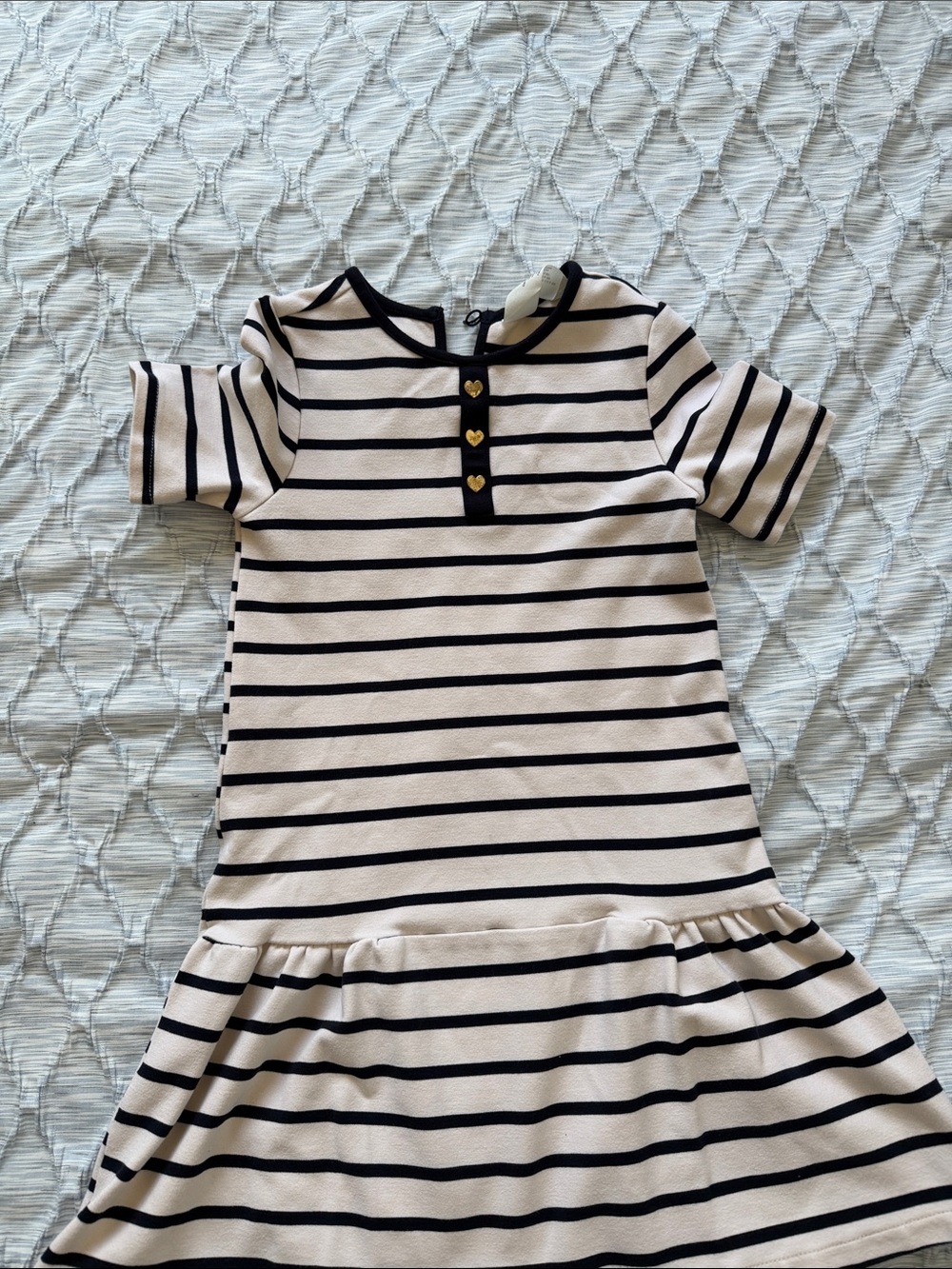 H&M Cream and navy Striped Short Sleeve Dress with Heart Buttons